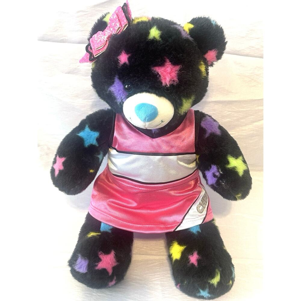 Build A Bear Black Colorful Stars Pink Cheerleader Outfit Stuffed Teddy Bear 16”